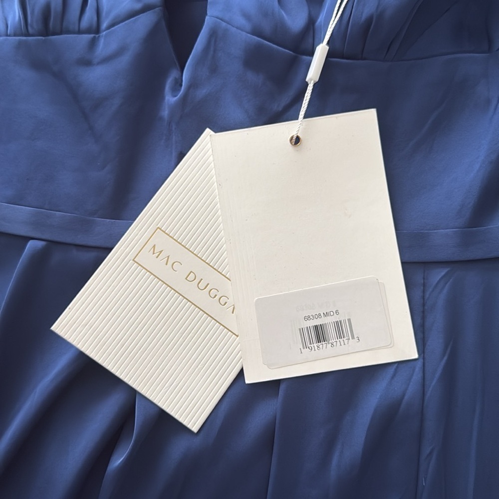 NWT | Mac Duggal Blue Charmeuse Soft Tie Keyhole Bell Sleeve Gown Size 6 - Picture 11 of 14